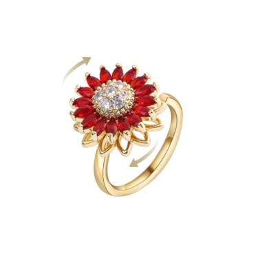 Imagem de KONPJE Anel Fidget de Girassol Feminino Dourado Ansiedade Anéis de Cristal Zircônia Cúbica Girassol Aberto Ajustável Fidget Ring Spinner Sun Ring para Homens Joias Modernas, Strass, Sem pedra preciosa