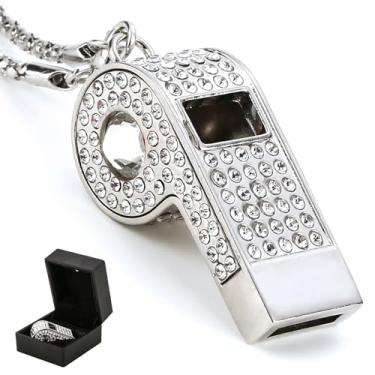 Imagem de Little Syohe Apito de strass prateado, apito de metal brilhante com corrente de presente para árbitros/treinadores/professores/treinamento, caixa de presente premium incluída (cristal transparente)