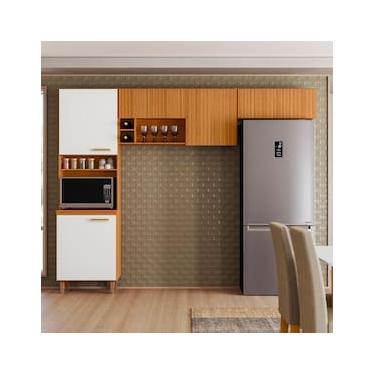 Imagem de Cozinha Compacta Poliman Sicília 3 Peças 7 Portas Pés Reguláveis Ripado MDP Pintura UV Freijó Off White Acetinado