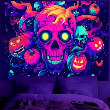 Imagem de Tapeçaria de Halloween com luz negra UV reativa que brilha no escuro, cena noturna de terror assustador com efeitos de esqueleto, castelo e neon, decoração estética tripla para festa (caveira 2, 2 cm