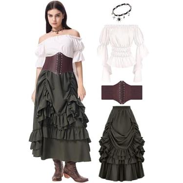 Imagem de shyhand Fantasia renascentista feminina medieval Ren Faire pirata saia com espartilho cinto de cintura fantasia cosplay Halloween
