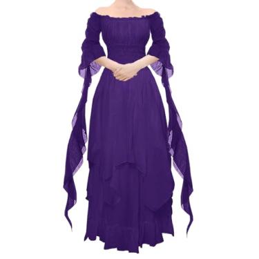 Imagem de YEAXLUD Vestido vitoriano feminino, manga bufante, ombro de fora, babados plus size, fantasia medieval para mulheres, vestido renascentista (roxo, 3GG)