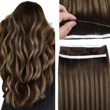 Imagem de Lacer Extensões de cabelo humano Remy com fita adesiva de trama genial de 45,7 cm, extensões de cabelo castanho-castanho, misturado, marrom escuro, com raízes marrom-escuras, fita invisível 50 g