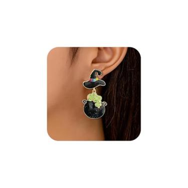 Imagem de Brincos de bruxa de Halloween para mulheres, preto, chapéu de bruxa, brincos pendentes com laço e pingente de cadinho assustador, fantasia de Halloween, acessórios de joias de festa, One Size, Metal