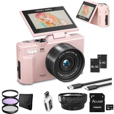 Imagem de Câmera digital 5K para fotografia e vídeo – Câmera vlogging UHD de 75 MP com WiFi, foco automático, tela flip de 3 polegadas, zoom de 18X – Câmera de viagem compacta para YouTube com 64 GB (kit Pro