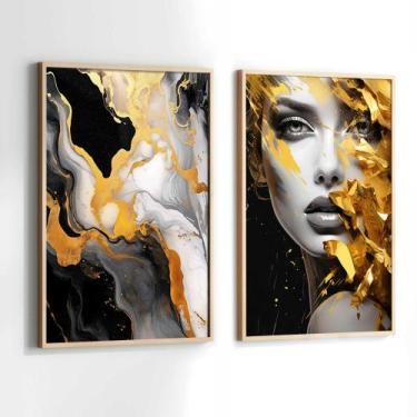 Imagem de Conjunto Quadros Decorativos com Moldura Mulher Dourada Abstrato Salão