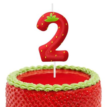 Imagem de Velas de aniversário de morango, decoração de topo de bolo de 6 cm, número 2 velas, decorações de aniversário, decorações de bolo de festa de aniversário, suprimentos de festa