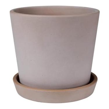 Imagem de Cachepot Harriet com pires, cimento - 12,7 cm. Este pote tem um orifício de drenagem e vem com um pires.