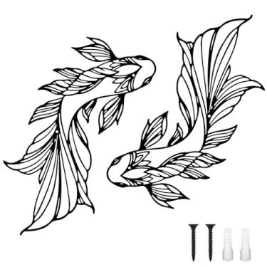 Imagem de 2un Conjunto de Arte Parede de Peixes Koi, 16,8x35cm Arte Parede Peixes Koi em Ferro Decoração Asiática Bom Significado para Sala Estar Quarto Escritório Interior e Exterior(Preto)