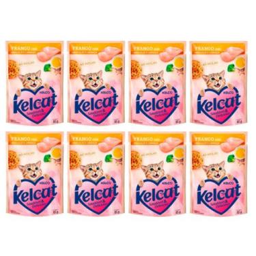 Imagem de Kit 8 Ração Úmida para Gatos Kelcat Sabor Frango com Brócolis e Linhaç