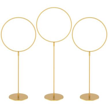 Imagem de 3 peças de argola redonda de metal dourado com guirlanda em pé, guirlanda de metal, suporte floral, centro de mesa, anéis de ouro, postes de gol para decoração de festa e aniversário