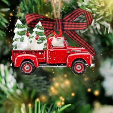 Imagem de Talataca Enfeite de Natal plano de madeira 2D de galinha, caminhonete vermelho animal de fazenda de galinha, decoração de pinheiro, pingente de casa suspensa, lembrança de véspera de amuleto,