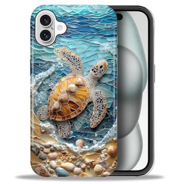 Imagem de CARLOCA Capa para iPhone 16, Ocean Turtle Beach Sea Waves Design Hybrid Dual Protection Soft TPU Hard PC à prova de choque anti-arranhões Capa protetora masculina feminina elegante