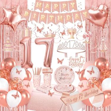 Imagem de Decorações de aniversário de 17 anos de ouro rosa, decorações de feliz aniversário de 17 anos para meninas, pacotes de festa de aniversário com faixa de ouro rosa, balões número 17, faixa, coroa
