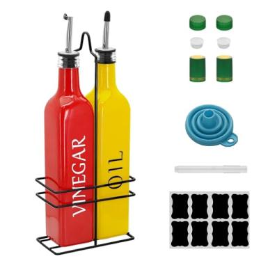 Imagem de Conjunto de dispensador de óleo e vinagre Farmhouse, 500 ml, lindo dispensador de azeite, inclui uma prateleira de aço preto e um funil, galheteiros vintage para vinagre e óleo (óleo amarelo e vinagre