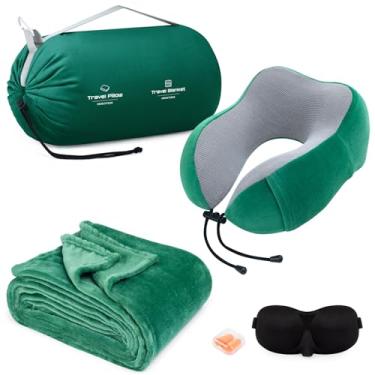 Imagem de urnexttour Conjunto de travesseiro e cobertor de viagem, itens essenciais de viagem com máscara de dormir para avião, carro, espuma viscoelástica verde