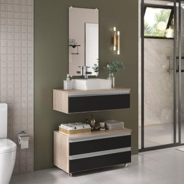 Imagem de Conjunto Gabinete Banheiro 80cm (gabinete + cuba + espelheira)(Madeirado/Preto)