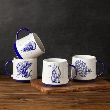 Imagem de AmorArc Conjunto de 4 canecas de café grandes, xícaras de café de cerâmica de 473 ml com padrões de vida marinha para chá com leite e cacau. Fácil de segurar e limpar, seguro para lava-louças e