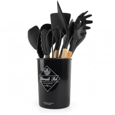 Imagem de Kit Jogo Conjunto C/ 12 Utensílios De Cozinha em Silicone Preto com Cabo Madeira Antiaderente Premium