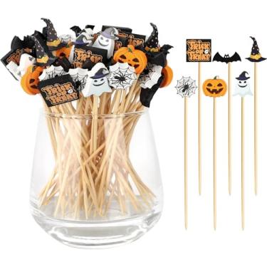 Imagem de 100 palitos de coquetel de Halloween, 6 estilos de palitos de bambu com tema de Halloween para aperitivos, comida, bebidas, frutas - chapéu de morcego de aranha fantasma de abóbora, 12 cm, espetos de