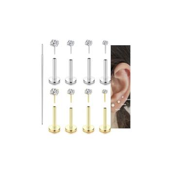 Imagem de Incaton Brincos 18G Threadless Flat Back Stud para mulheres e homens, aço cirúrgico 316L hipoalergênico push in Nose Studs CZ Narina Tragus Helix Labret Studs Piercing Jewelry, Aço inoxidável