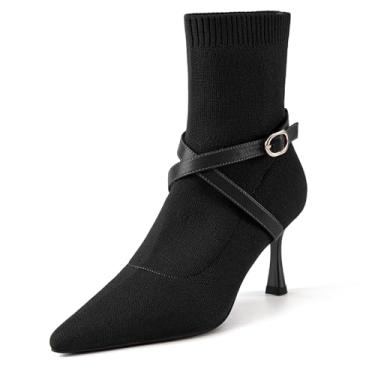 Imagem de NEWBELLA COSY Botas femininas de bico fino no tornozelo – Botas elegantes de salto gatinho de 7 cm, botas de inverno sem cadarço para outono e inverno, Alça preta cruzada, 42
