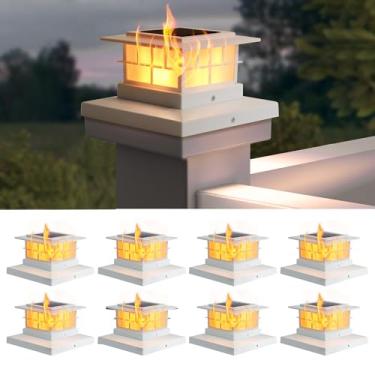 Imagem de LUTEC Pacote com 8 lâmpadas de poste solares, IP65 à prova d'água para postes de madeira/vinil, 4 x 4, 5 x 5, 6 x 6, postes de madeira/vinil, chamas cintilantes, branco quente 3000 K, decoração de