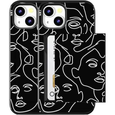 Imagem de MUQR Capa compatível com iPhone 15 Plus com porta-cartão fofo - Design Kawaii, proteção contra quedas de grau militar, capa carteira robusta para mulheres (arte de linha abstrata preta)