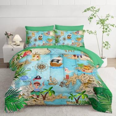 Imagem de Smell Sunshine Jogo de cama com estampa de navio pirata, 7 peças, 1 edredom, 1 lençol de cima, 1 lençol com elástico e 4 fronhas para quarto de meninos e meninas, todas as estações