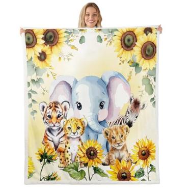 Imagem de Erosebridal Cobertor infantil com estampa de animais 127 x 152 cm, cobertor de elefante tigre leão leopardo e decoração de quarto, cobertor de lã de ovelha safári na selva para cama e sofá