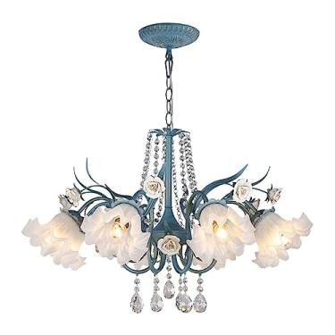 Imagem de Lustre de cristal Cerâmica Rosa K9 Lustre de cristal Vintage Vidro Flor Pingente Luz Antiga Fazenda Altura ajustável Luminária de teto para sala de jantar Sala de estar Quarto (Tamanho