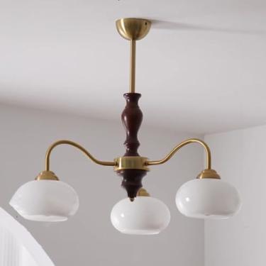 Imagem de 3 Luzes Sala de Jantar Lustre Fazenda Mid Century Moderno Luz de Teto Madeira Laranja Leite Vidro Lâmpada Vintage Ouro Rústico Pendente Luz Para Cozinha Ilha Quarto Sala de Estar Hall de Ent