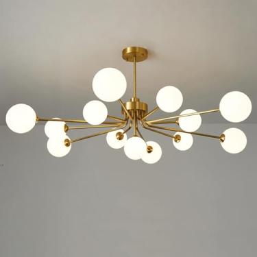 Imagem de Lustre de vidro leitoso de latão antigo com 13 luzes Sputnik, luminária de teto moderna de meados do século, luminária pendente grande de fazenda dourada para quarto, sala de jantar, cozinha