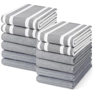 Imagem de Homaxy Toalhas de cozinha premium (45,7 cm x 71,1 cm, pacote com 12), toalhas de mão de cozinha grandes de algodão 380 GSM, toalhas de prato felpudas macias e absorventes, conjunto de toalhas de chá