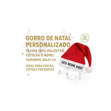 Imagem de Gorro de Natal Personalizado com Nome  Vermelho e Branco  Tecido 100% 
