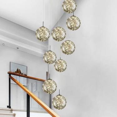 Imagem de Lustre LED Pendente Luz Cinza Bola De Vidro Abajur Moderno Escadaria Lâmpada Luz Quente Prata Metal Sala De Jantar Sala De Estar Luz Pendente Lâmpada 8-Lâmpada Ajustável Luxo Luz De Teto D40