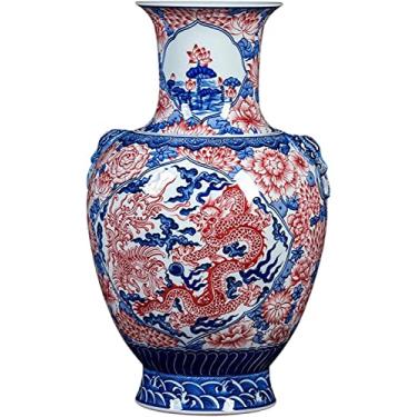 Imagem de LIFOND Vaso de flores, vaso de cerâmica, 43 cm, grande, porcelana, retrô, azul e branco, pintado à mão, estampa de dragão, vaso de flores, decoração de mesa