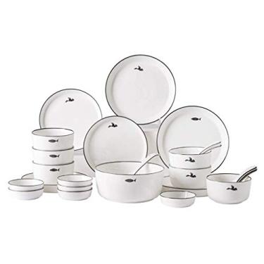 Imagem de Conjunto de jantar de cerâmica, 26 peças de pratos de jantar pretos feitos à mão de porcelana – Tigela/prato/colher, seguro para micro-ondas, conjunto de louça de porcelana para restaurante