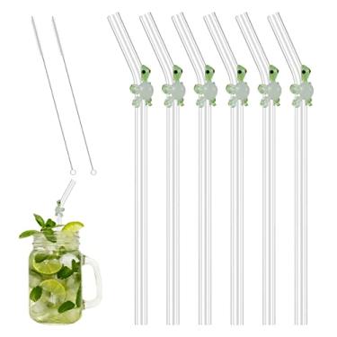Imagem de 6 canudos reutilizáveis de vidro transparente com 2 peças de escova de limpeza, resistente ao calor, lindos canudos dobrados de flores para smoothies, chás, sucos, batidos, coquetéis (6 peças