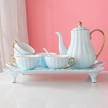 Imagem de Conjunto de 8 peças de chá de porcelana branca, serviço de chá, um bule de chá, conjunto de 6 xícaras de café com bandeja e colheres de chá, rosa (azul) (azul) (azul)