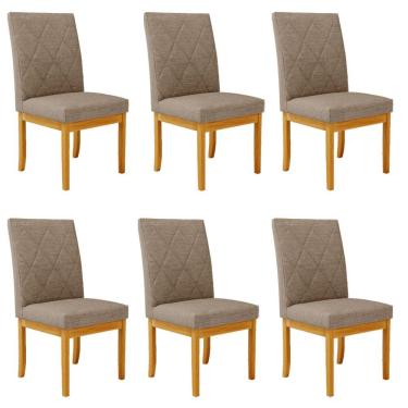 Imagem de Kit 6 Cadeiras de Sala de Jantar Estofadas Gomes Madeira Maciça Linho Bege Escuro G78 - Gran Belo