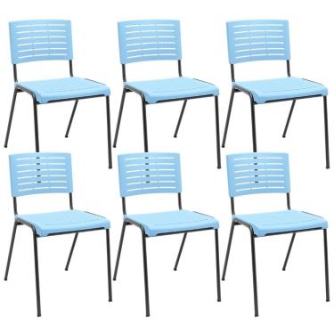 Imagem de Kit 06 Cadeiras Empilhável Fixa Escritório Multiuso Base Preta Kimi P03 Azul Celeste - Lyam Decor