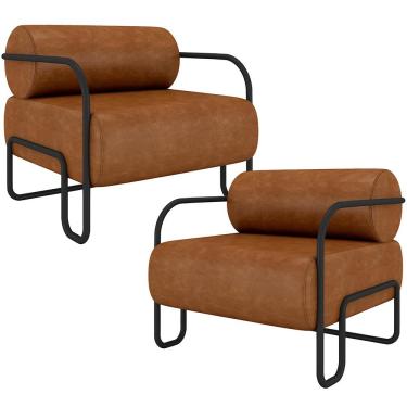 Imagem de Kit 02 Poltronas Decorativa Pés Industrial Moscou K01 Couríssimo Caramelo - Lyam Decor
