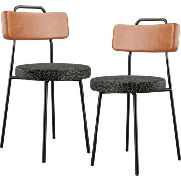 Imagem de Kit 02 Cadeiras Decorativas Estofada Sala Jantar Barcelona L02 Couríssimo Camel Linho Chumbo - Lyam