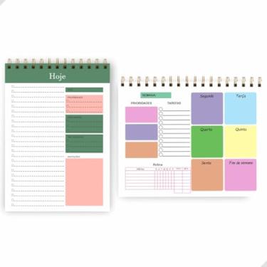 Imagem de Kit com Planner Semanal e Planner Diário 50 Folhas cada, Organizador Não Datado de Tarefas e Rotina com Espiral | Produtividade para Escritório, Estudos e home office | Capa Transparente De Acetato (Colorido + Diário Verde)