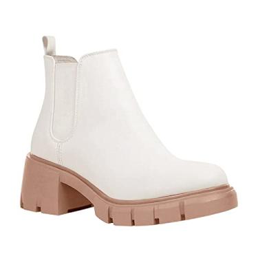 Imagem de Botas femininas de cano curto plataforma cano alto Chelsea Slip on Chunky Block Heel Leather Combat Boots, Branco, 7.5