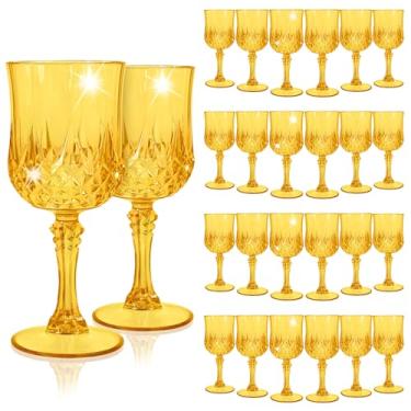 Imagem de EVSGSONL Pacote com 24 taças de vinho de plástico dourado, taças de plástico vintage para festas, copos de água de cristal dourados claros reutilizáveis para recepção de casamento, suprimentos de