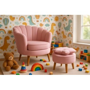 Imagem de Kit Poltrona Pétala com Puff Decorativo em Veludo, Pés Palito Madeira, Conforto e Estilo para Sala, Quarto ou Escritório (Rosa)