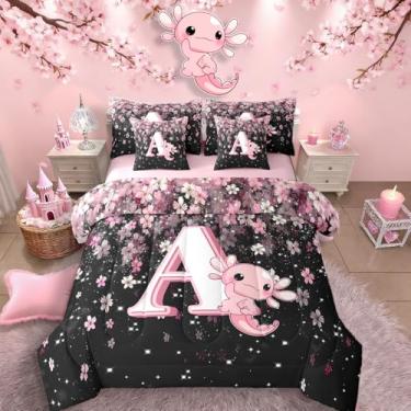 Imagem de Erosebridal Conjunto de edredom axolote rosa para meninas adolescentes (rosa e preto, 7 peças, tamanho solteiro) – Lindo conjunto de cama com letra A com letra A em um saco, conjunto de cama de flor