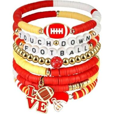 Imagem de KLSKLYL 【Conjunto de 8 peças de pulseiras Super Bowl】 Pulseiras com tema esportivo para dia de jogo – Conjunto de miçangas unissex de futebol, basquete, vôlei e beisebol, One Size, Argila de polímero
